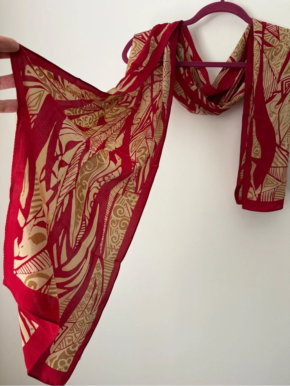 Satya Paul 100% Pure Silk Printed Scarf - Red & Beige Abstract Motif Luxury Wrap